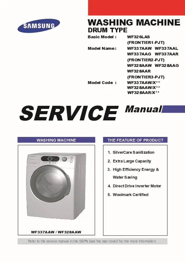 Samsung wf337aaw wf328aaw wf328aar service manual cover cover with photo of the washing machine, model code and type and manual contents