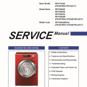 Samsung wf338aar wf338aab wf338aag wf338aaw service manual cover cover with photo of the washing machine, model code and type and manual contents