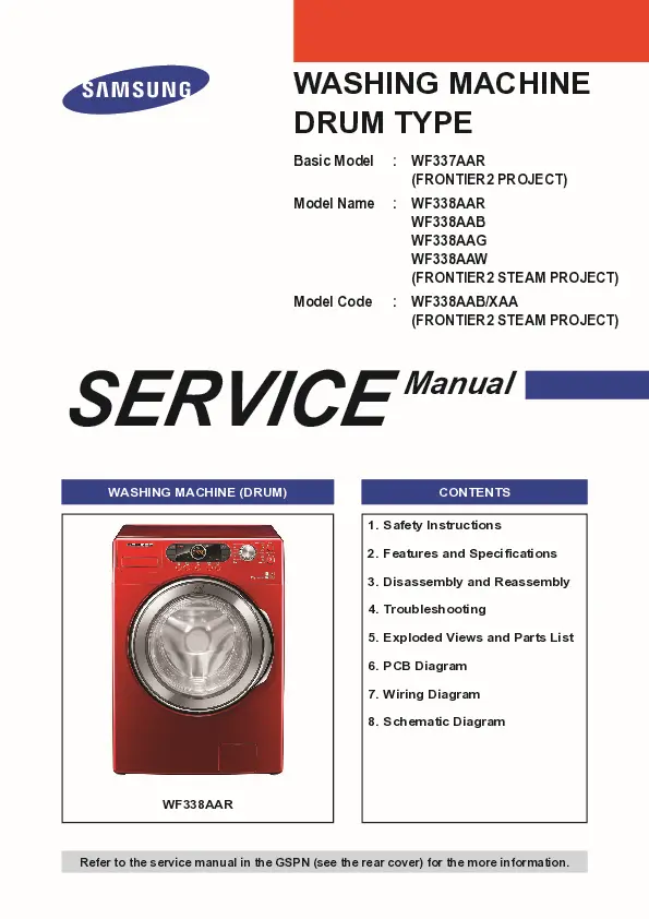 Samsung wf338aar wf338aab wf338aag wf338aaw service manual cover cover with photo of the washing machine, model code and type and manual contents