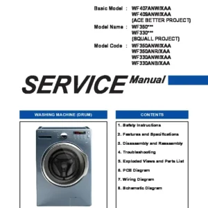 Samsung wf350anp wf350anw wf350anr wf330anw wf330anb service manual cover cover with photo of the washing machine, model code and type and manual contents