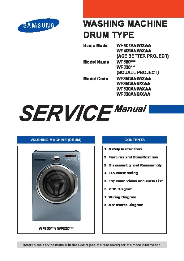 Samsung wf350anp wf350anw wf350anr wf330anw wf330anb service manual cover cover with photo of the washing machine, model code and type and manual contents