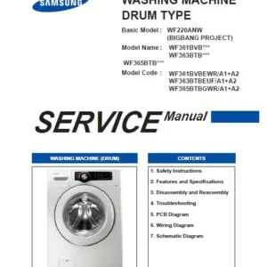 Samsung wf361bvbewr service manual cover cover with photo of the washing machine, model code and type and manual contents