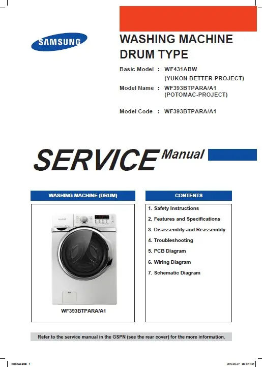 Samsung wf393btpara service manual cover cover with photo of the washing machine, model code and type and manual contents