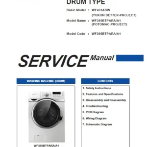 Samsung wf395btpara service manual cover cover with photo of the washing machine, model code and type and manual contents