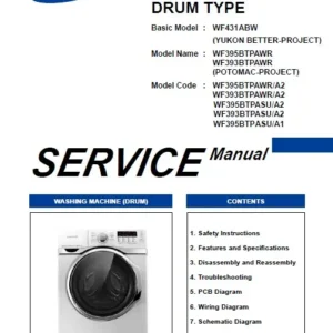 Samsung wf395btpasu service manual cover cover with photo of the washing machine, model code and type and manual contents