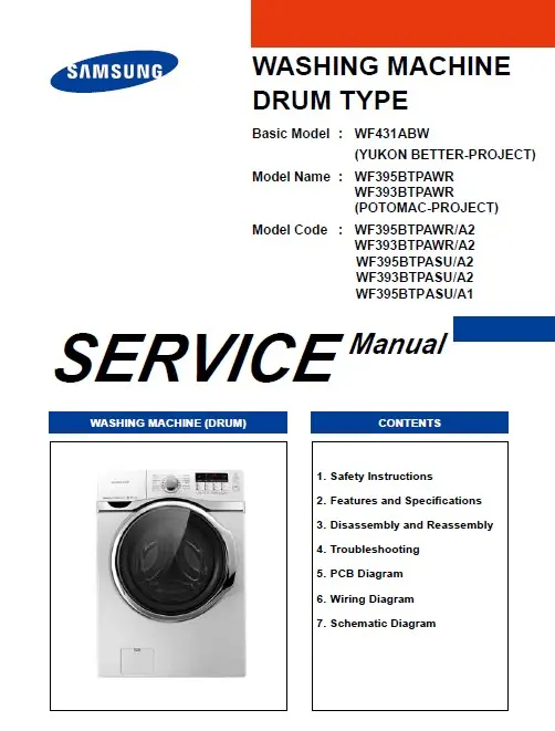 Samsung wf395btpasu service manual cover cover with photo of the washing machine, model code and type and manual contents