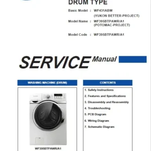 Samsung wf395btpawr service manual cover cover with photo of the washing machine, model code and type and manual contents