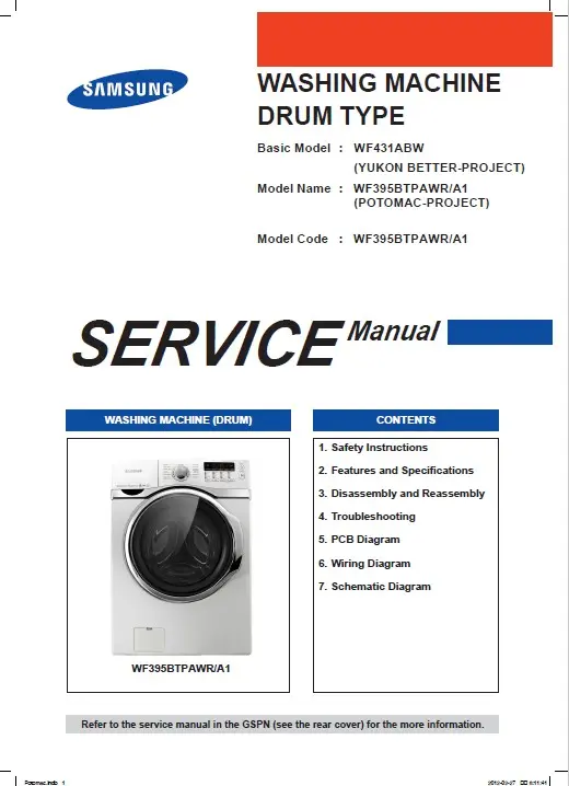 Samsung wf395btpawr service manual cover cover with photo of the washing machine, model code and type and manual contents