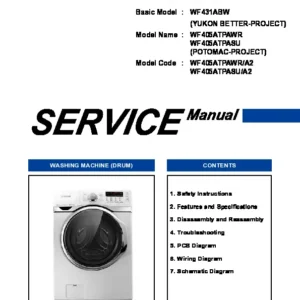 Samsung wf405atpasu service manual cover cover with photo of the washing machine, model code and type and manual contents