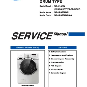 Samsung wf405atpawr service manual cover cover with photo of the washing machine, model code and type and manual contents