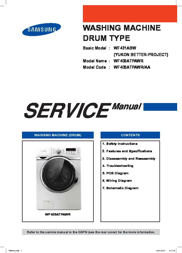 Samsung wf405atpawr service manual cover cover with photo of the washing machine, model code and type and manual contents