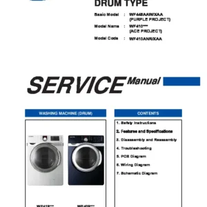 Samsung wf410anr service manual cover cover with photo of the washing machine, model code and type and manual contents