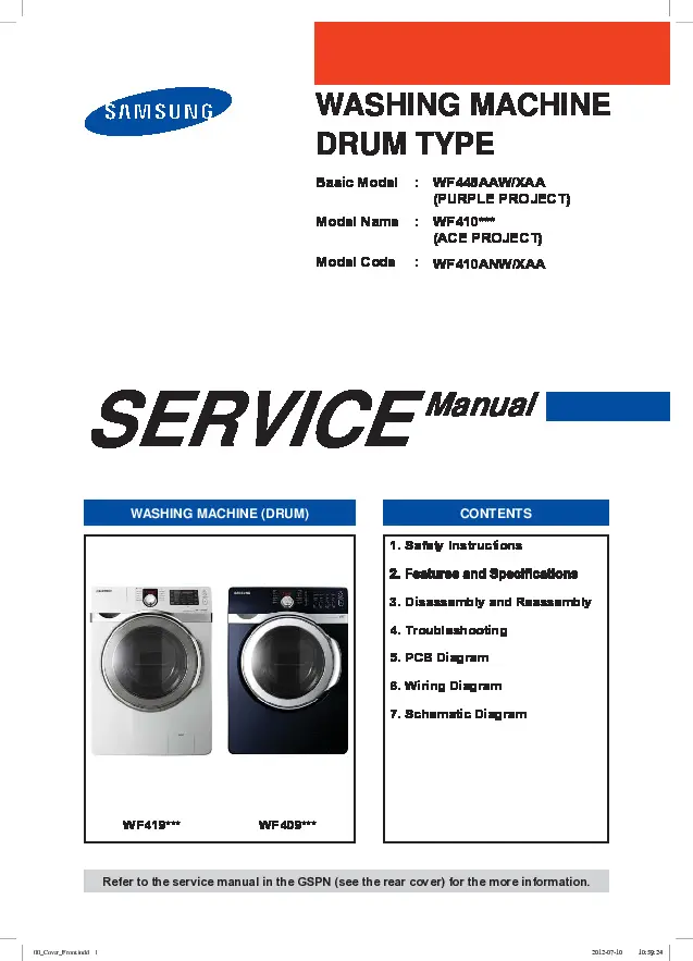 Samsung wf410anw service manual cover cover with photo of the washing machine, model code and type and manual contents