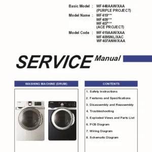 Samsung wf419aaw wf409snl wf407anw service manual cover cover with photo of the washing machine, model code and type and manual contents