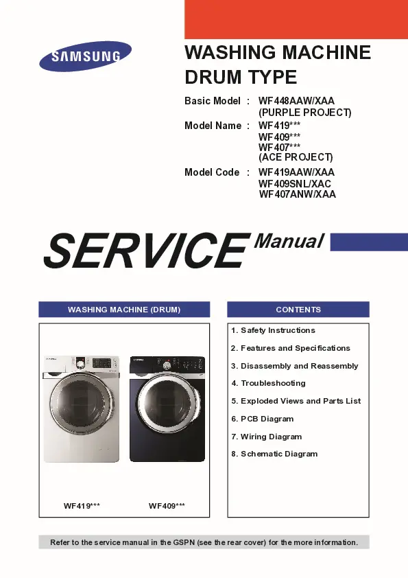 Samsung wf419aaw wf409snl wf407anw service manual cover cover with photo of the washing machine, model code and type and manual contents