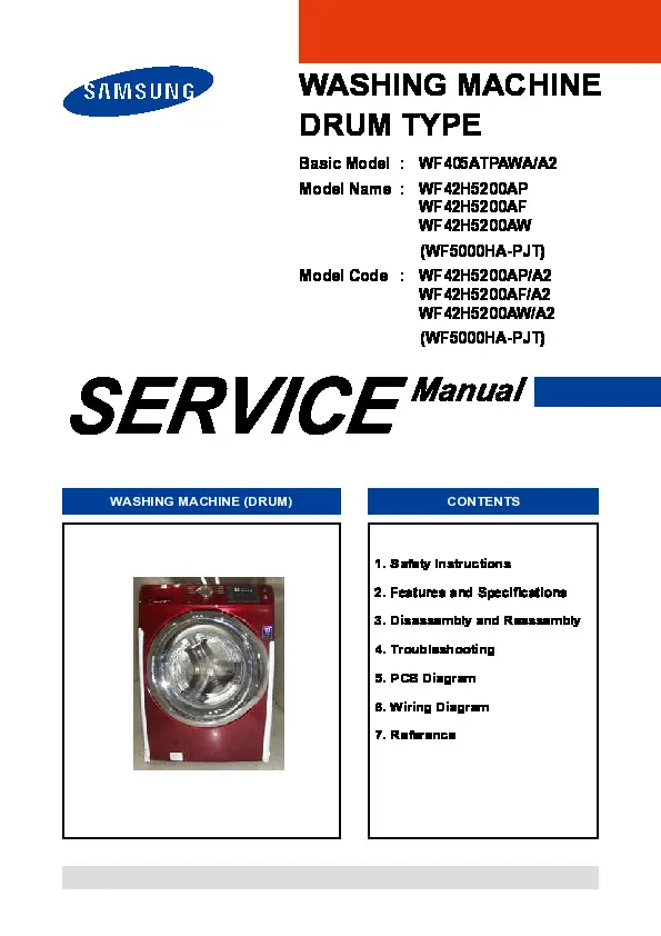 Samsung wf42h5200ap wf42h5200af wf42h5200aw service manual cover cover with photo of the washing machine, model code and type and manual contents