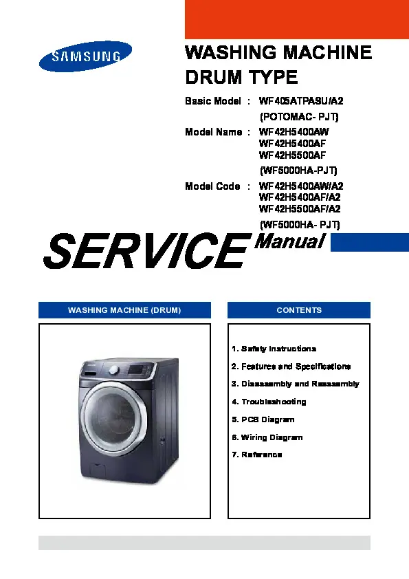 Samsung wf42h5400aw wf42h5400af wf42h5500af service manual cover cover with photo of the washing machine, model code and type and manual contents