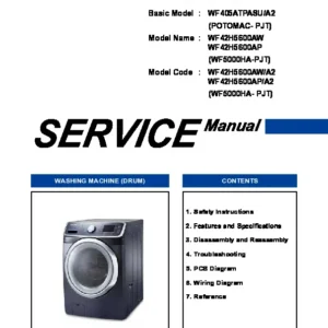 Samsung wf42h5600aw wf42h5600ap service manual cover cover with photo of the washing machine, model code and type and manual contents