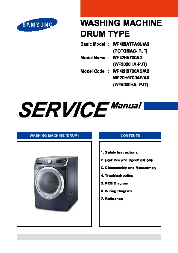 Samsung wf42h5700ag wf20h5700ap service manual cover cover with photo of the washing machine, model code and type and manual contents