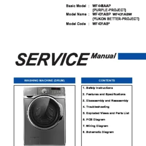Samsung wf431abw wf431abp service manual cover cover with photo of the washing machine, model code and type and manual contents