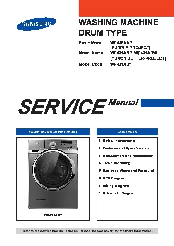 Samsung wf431abw wf431abp service manual cover cover with photo of the washing machine, model code and type and manual contents