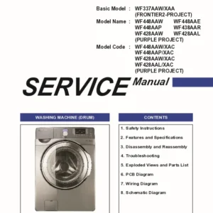 Samsung wf448aa service manual cover cover with photo of the washing machine, model code and type and manual contents