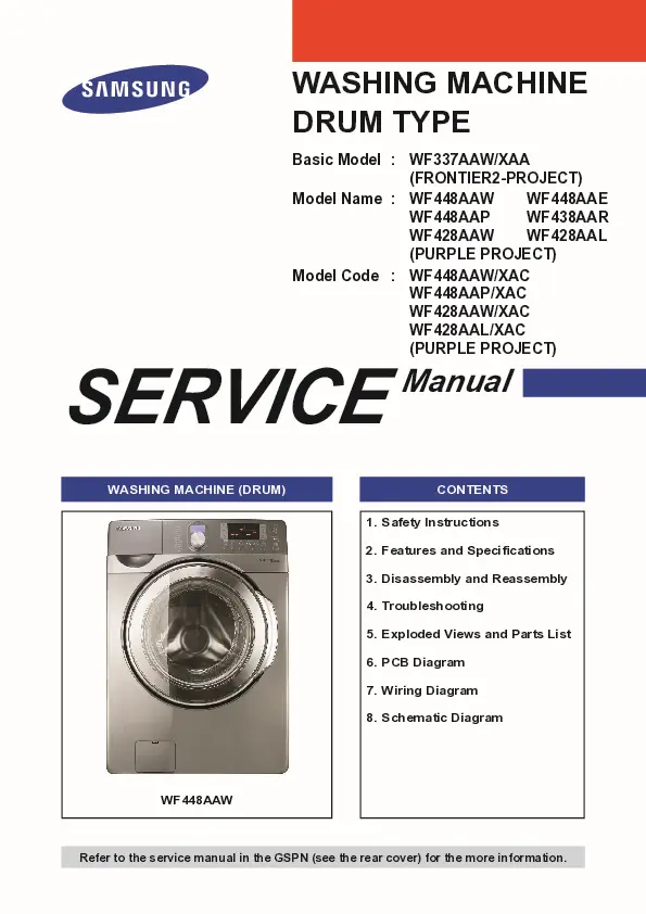 Samsung wf448aaw wf448aap wf428aaw wf428aal service manual cover cover with photo of the washing machine, model code and type and manual contents