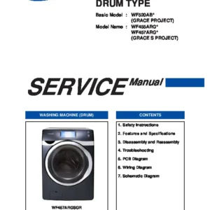 Samsung wf455argswr wf455argsgr service manual cover cover with photo of the washing machine, model code and type and manual contents