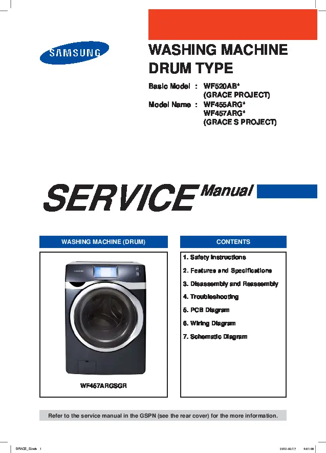 Samsung wf457argswr service manual cover cover with photo of the washing machine, model code and type and manual contents