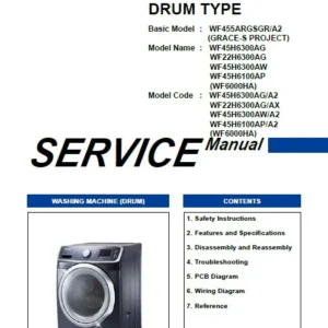 Samsung wf45h6300ag wf22h6300ag wf45h6300aw wf45h6100ap service manual cover cover with photo of the washing machine, model code and type and manual contents
