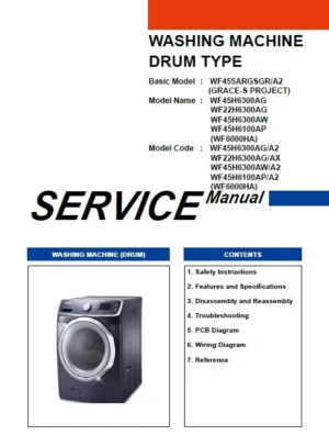 Samsung wf45h6300ag wf22h6300ag wf45h6300aw wf45h6100ap service manual cover cover with photo of the washing machine, model code and type and manual contents