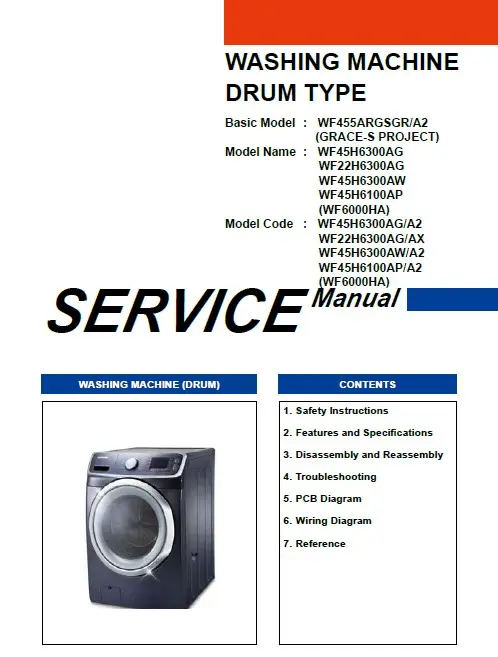 Samsung wf45h6300ag wf22h6300ag wf45h6300aw wf45h6100ap service manual cover cover with photo of the washing machine, model code and type and manual contents