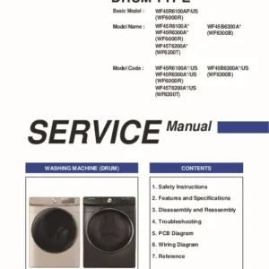 Samsung wf45r6100ap wf45r6100ac wf45r6100aq service manual cover cover with photo of the washing machine, model code and type and manual contents
