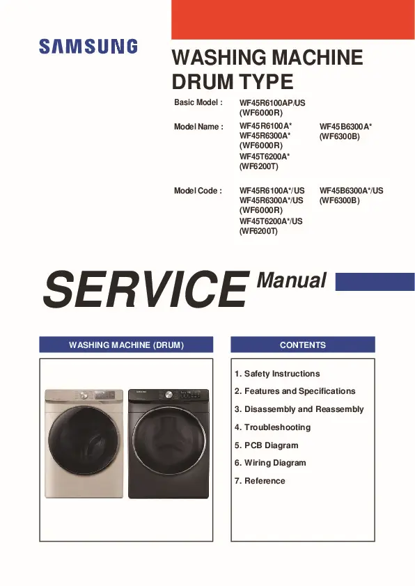 Samsung wf45r6100ap wf45r6100ac wf45r6100aq service manual cover cover with photo of the washing machine, model code and type and manual contents