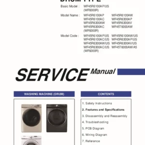 Samsung wf45t6000aw wf45t6000aw a5 service manual cover cover with photo of the washing machine, model code and type and manual contents