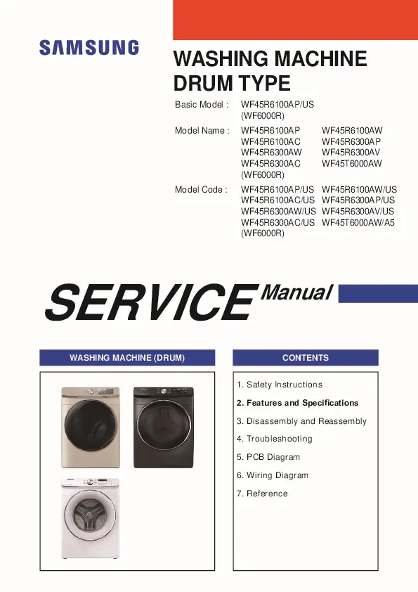 Samsung wf45t6000aw wf45t6000aw a5 service manual cover cover with photo of the washing machine, model code and type and manual contents