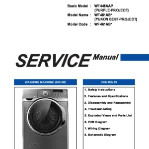 Samsung wf461abp wf461abw service manual cover cover with photo of the washing machine, model code and type and manual contents