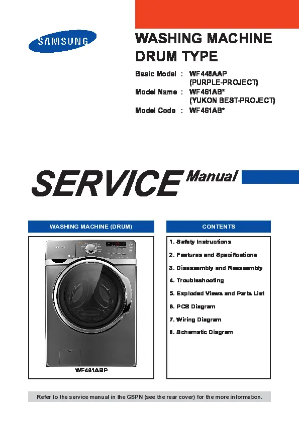 Samsung wf461abp wf461abw service manual cover cover with photo of the washing machine, model code and type and manual contents