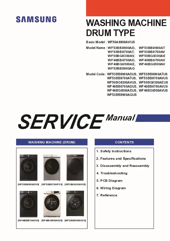 Samsung wf50bg8300avus wf50bg8300aeus service manual cover cover with photo of the washing machine, model code and type and manual contents