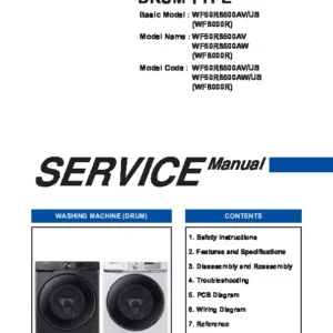 Samsung wf50r8500av wf50r8500aw service manual cover cover with photo of the washing machine, model code and type and manual contents