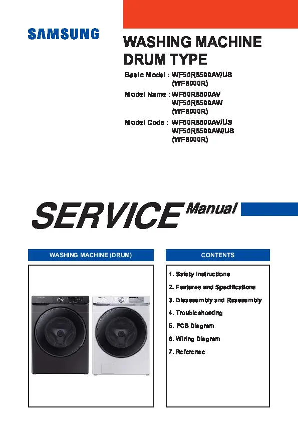 Samsung wf50r8500av wf50r8500aw service manual cover cover with photo of the washing machine, model code and type and manual contents