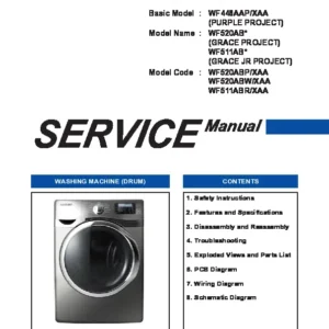 Samsung wf511abr wf520abp wf520abw service manual cover cover with photo of the washing machine, model code and type and manual contents