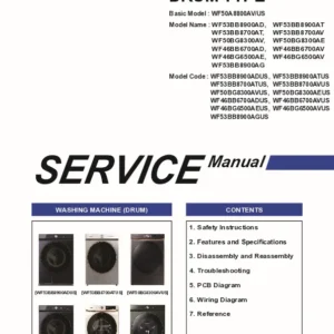 Samsung wf53bb8900adus wf53bb8900atus service manual cover cover with photo of the washing machine, model code and type and manual contents