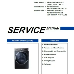Samsung wf56h9100ag wf56h9100aw service manual cover cover with photo of the washing machine, model code and type and manual contents
