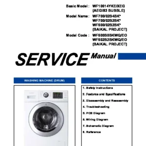 Samsung wf600b0bkwq service manual cover cover with photo of the washing machine, model code and type and manual contents