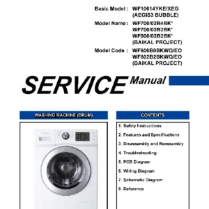 Samsung wf602b2bksd service manual cover cover with photo of the washing machine, model code and type and manual contents