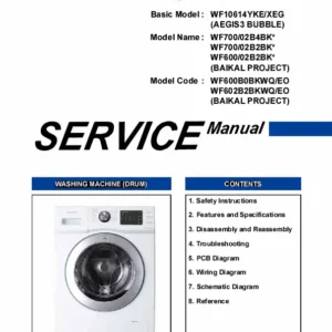 Samsung wf602b2bkwq wf600b0bkwq service manual cover cover with photo of the washing machine, model code and type and manual contents