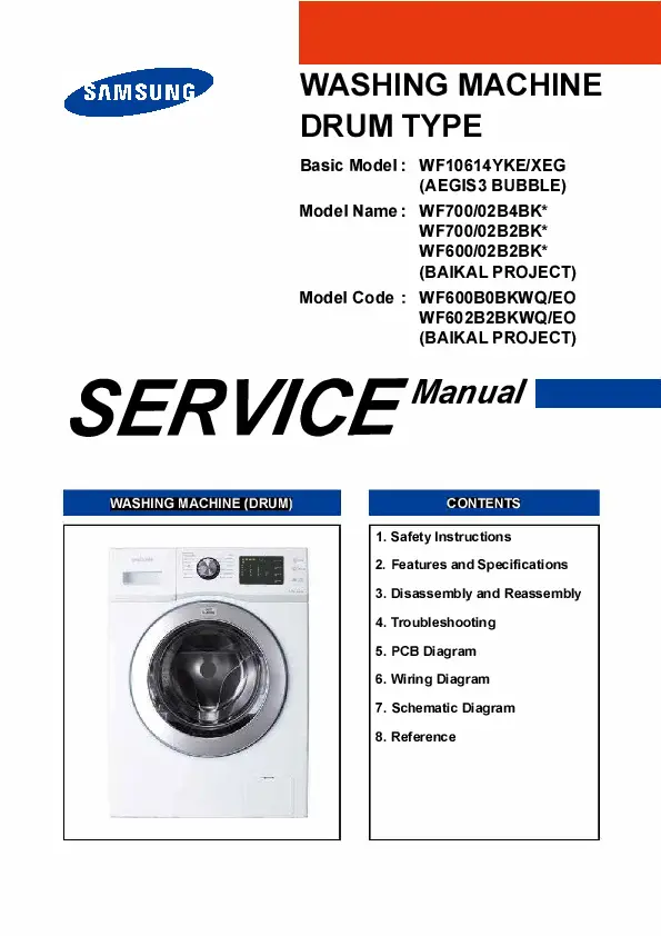 Samsung wf602b2bkwq wf600b0bkwq service manual cover cover with photo of the washing machine, model code and type and manual contents