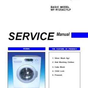 Samsung wf6522s6v wf r125ac service manual cover cover with photo of the washing machine, model code and type and manual contents