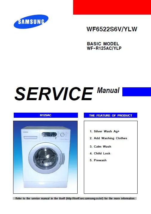 Samsung wf6522s6v wf r125ac service manual cover cover with photo of the washing machine, model code and type and manual contents